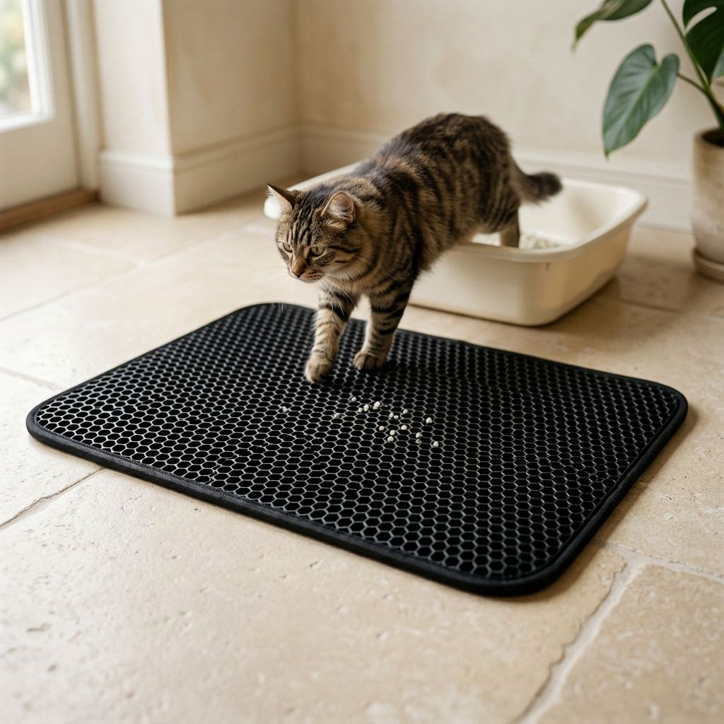 Gatto che esce dalla lettiera sul tappetino cattura-lettiera