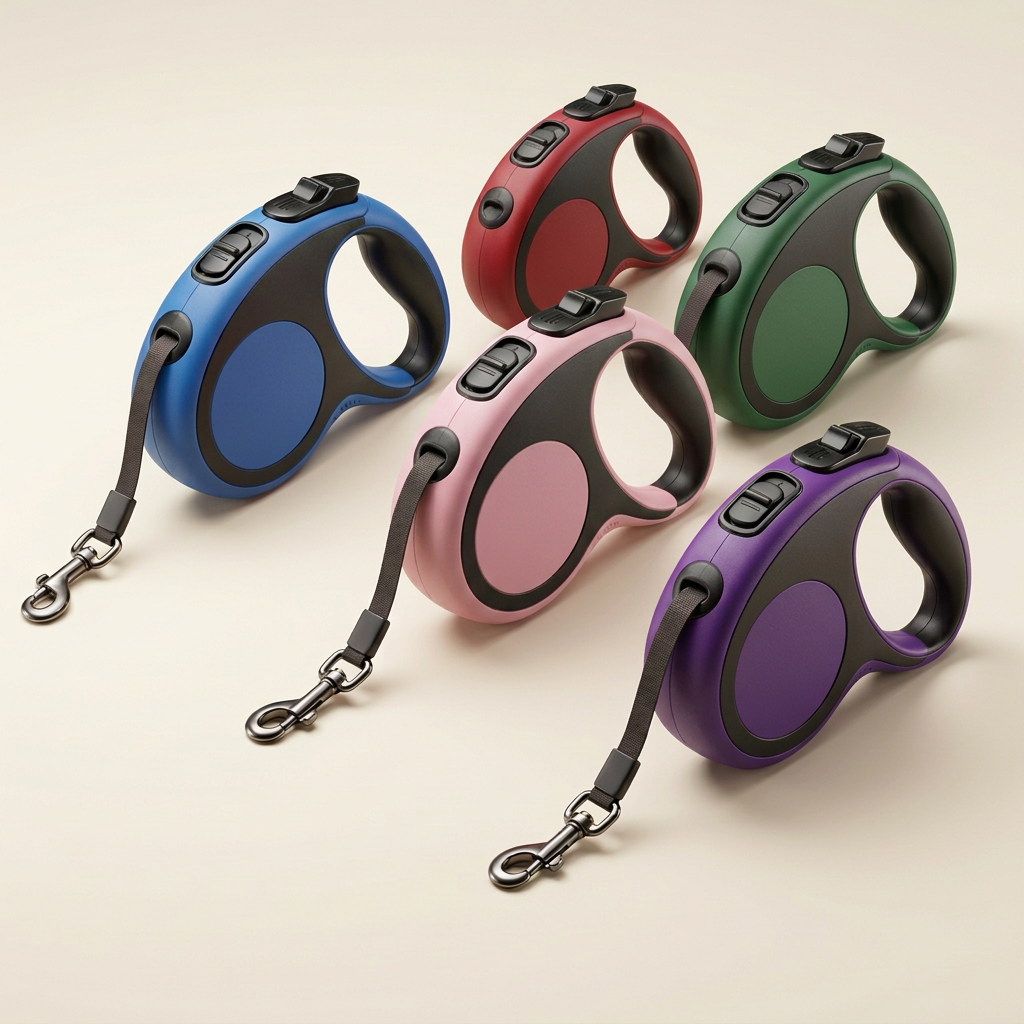 Cinque guinzagli retrattili in blu, rosso, verde, rosa e viola