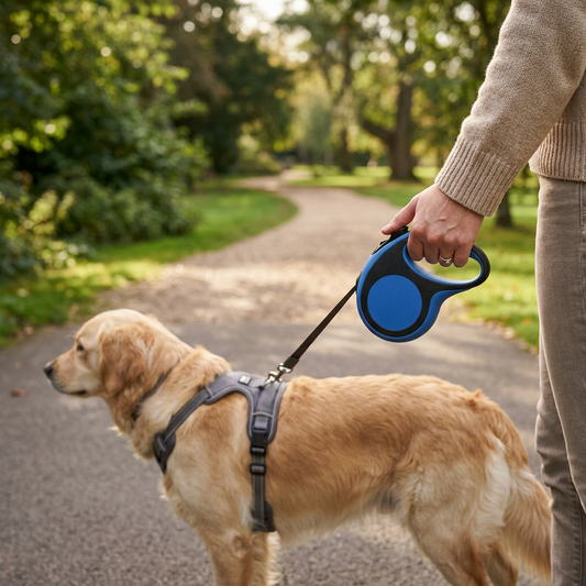 Guinzaglio retrattile blu utilizzato durante una passeggiata con un cane