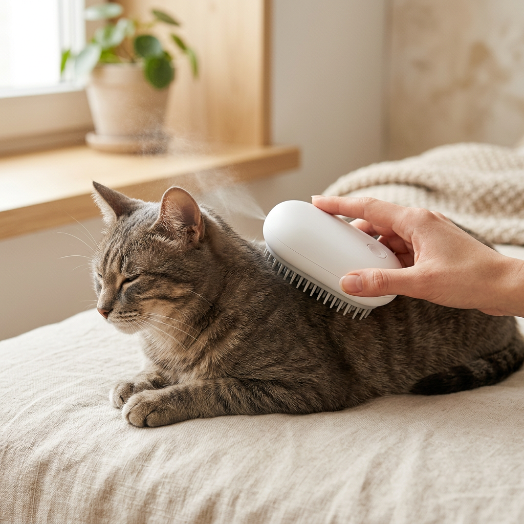 Spazzola elettrica bianca utilizzata delicatamente sul dorso di un gatto